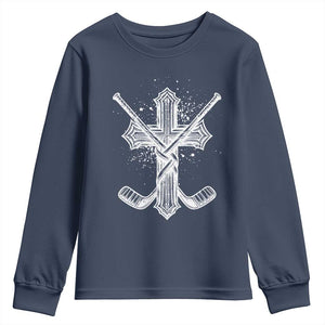 Faith Family Hockey Cross Youth Sweatshirt Religious Ice Hockey Lover Gift TS12 Navy Print Your Wear