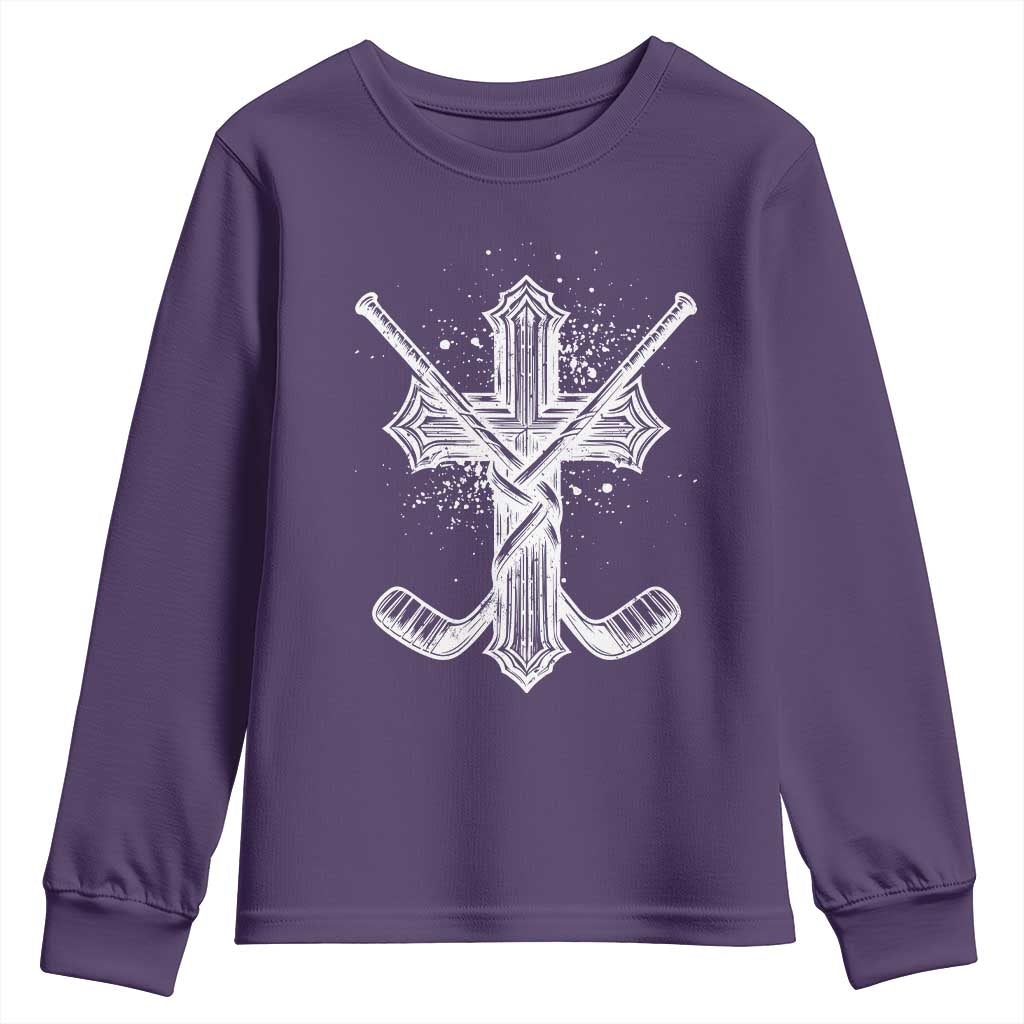 Faith Family Hockey Cross Youth Sweatshirt Religious Ice Hockey Lover Gift TS12 Purple Print Your Wear
