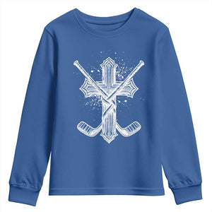 Faith Family Hockey Cross Youth Sweatshirt Religious Ice Hockey Lover Gift TS12 Royal Blue Print Your Wear