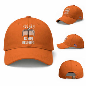 Hockey Is My Religion Baseball Cap Funny Christian Goalie Gift TS12 Baseball Cap Universal Fit Orange Print Your Wear
