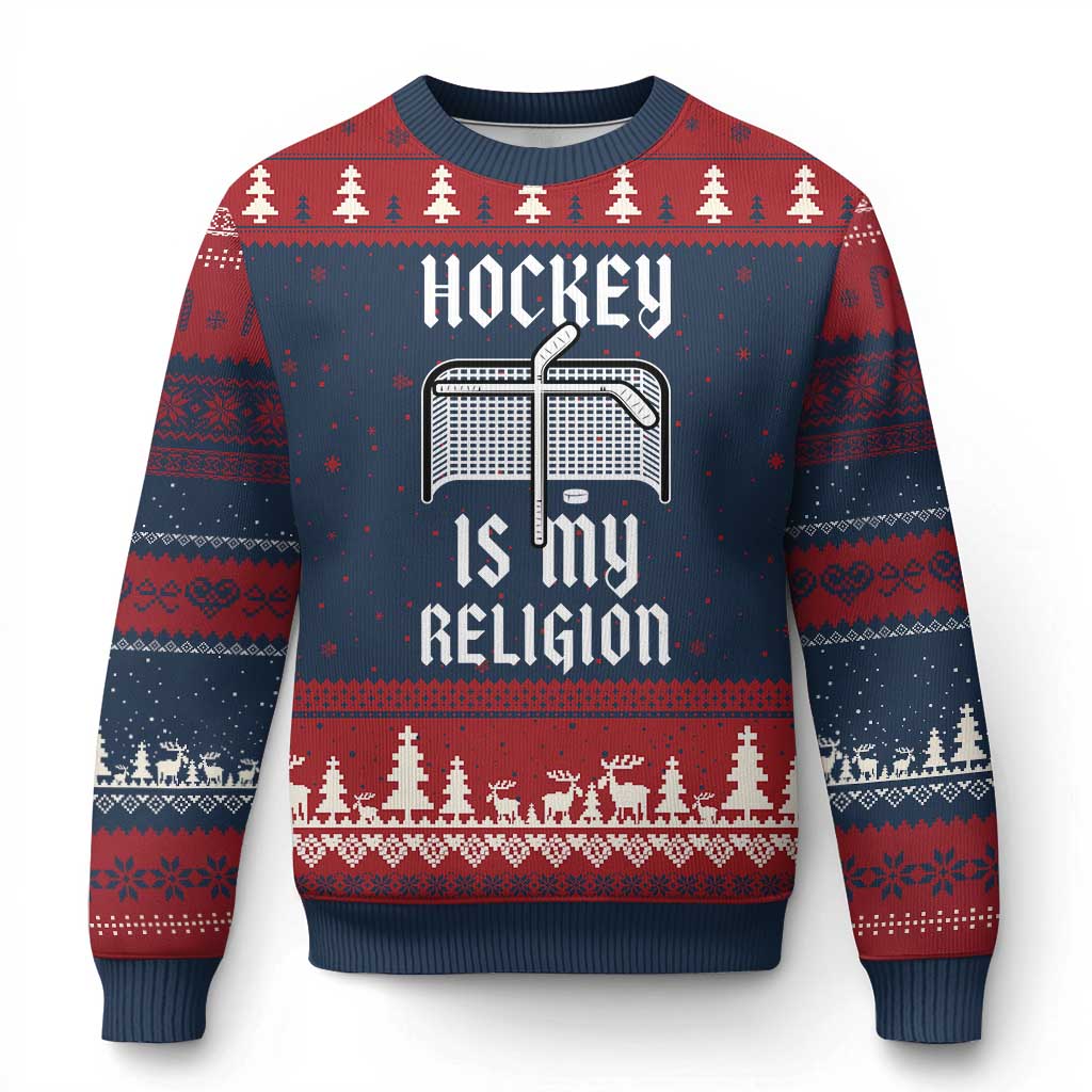 Hockey Is My Religion Ugly Christmas Sweater Funny Christian Goalie Gift TS12 Navy Red Print Your Wear
