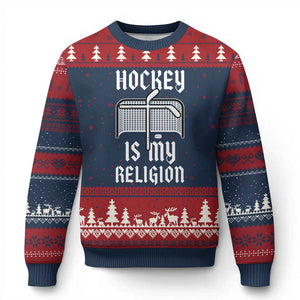 Hockey Is My Religion Ugly Christmas Sweater Funny Christian Goalie Gift TS12 Navy Red Print Your Wear