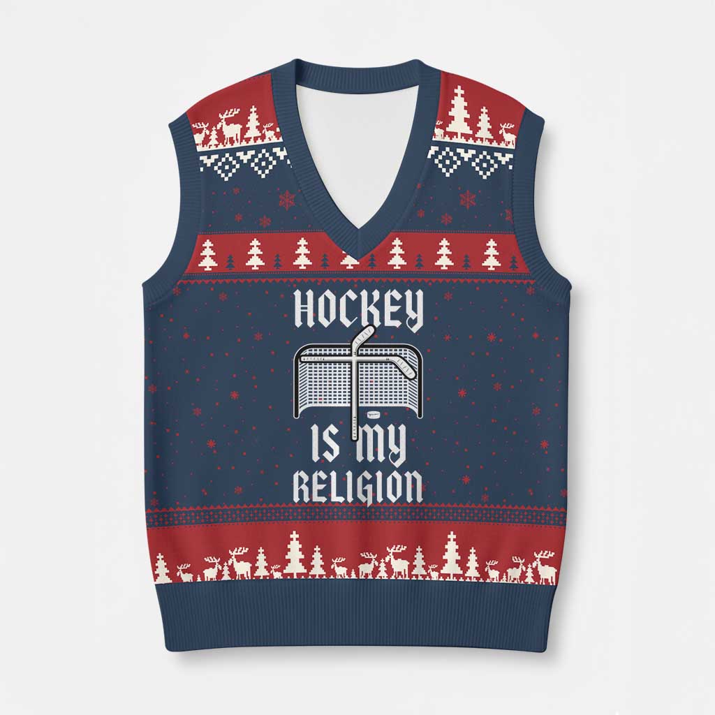 Hockey Is My Religion V-Neck Knit Sweater Vest Funny Christian Goalie Gift TS12 Navy Red Print Your Wear
