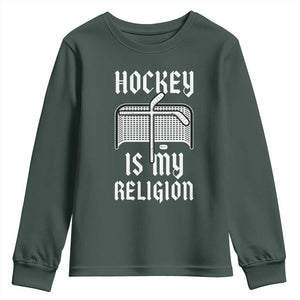 Hockey Is My Religion Youth Sweatshirt Funny Christian Goalie Gift TS12 Dark Forest Green Print Your Wear