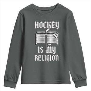 Hockey Is My Religion Youth Sweatshirt Funny Christian Goalie Gift TS12 Dark Heather Print Your Wear