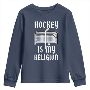 Hockey Is My Religion Youth Sweatshirt Funny Christian Goalie Gift TS12 Navy Print Your Wear