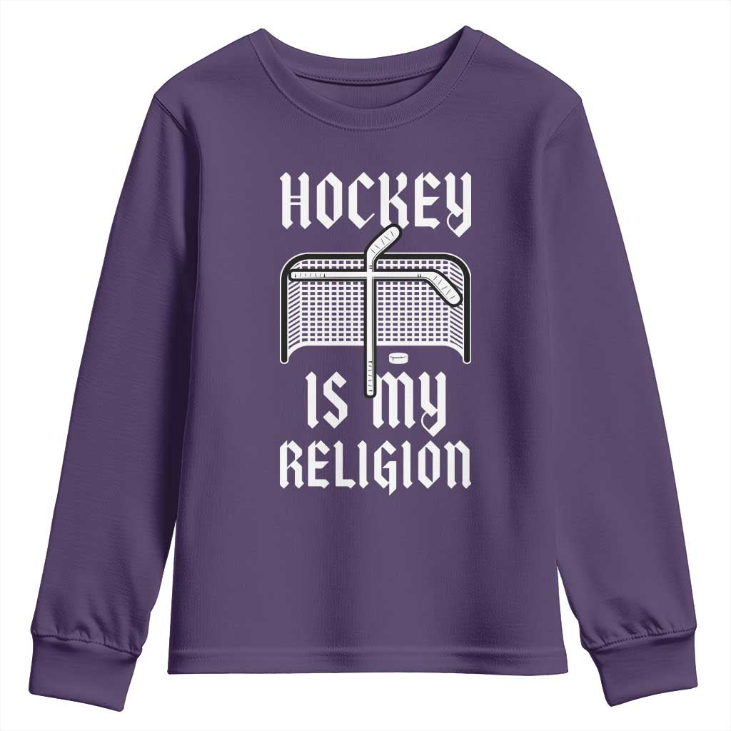 Hockey Is My Religion Youth Sweatshirt Funny Christian Goalie Gift TS12 Purple Print Your Wear
