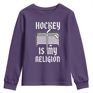 Hockey Is My Religion Youth Sweatshirt Funny Christian Goalie Gift TS12 Purple Print Your Wear