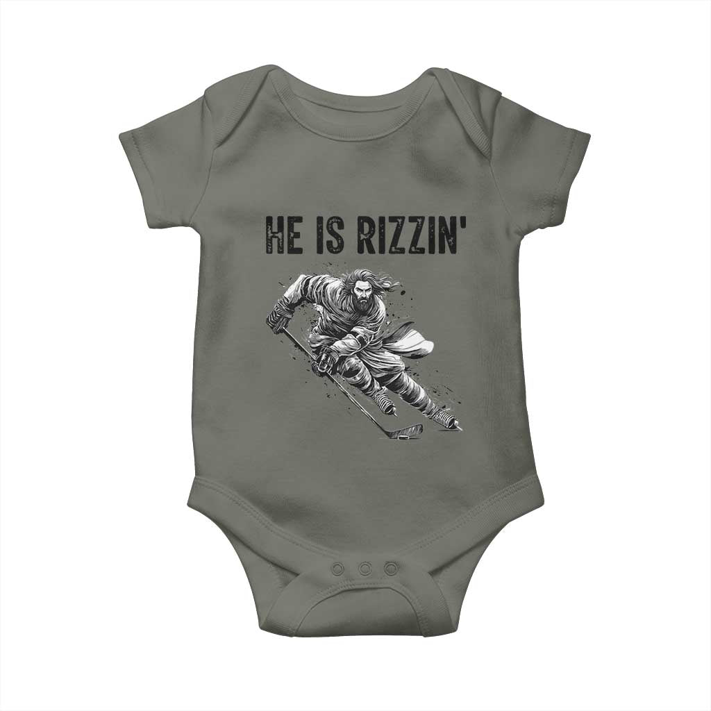 Funny Christian Ice Hockey Lover Gift Baby Onesie He Is Rizzin TS12 Military Green Print Your Wear