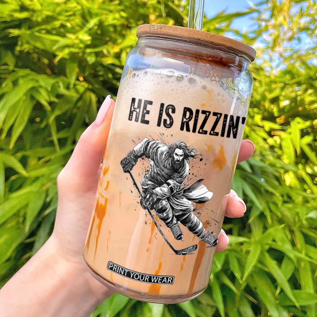 Funny Christian Ice Hockey Lover Gift Glass Can He Is Rizzin TS12 White Print Your Wear