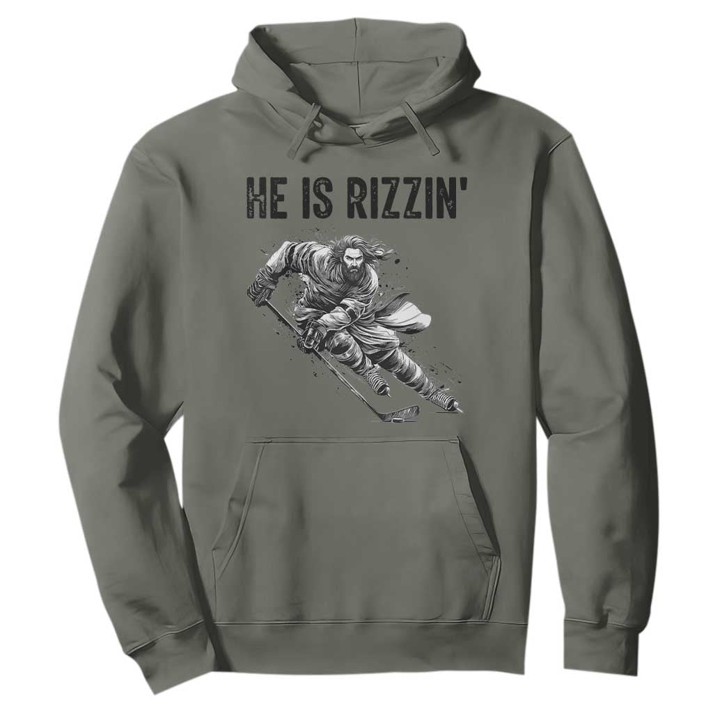 Funny Christian Ice Hockey Lover Gift Hoodie He Is Rizzin TS12 Military Green Print Your Wear