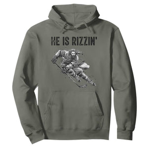 Funny Christian Ice Hockey Lover Gift Hoodie He Is Rizzin TS12 Military Green Print Your Wear
