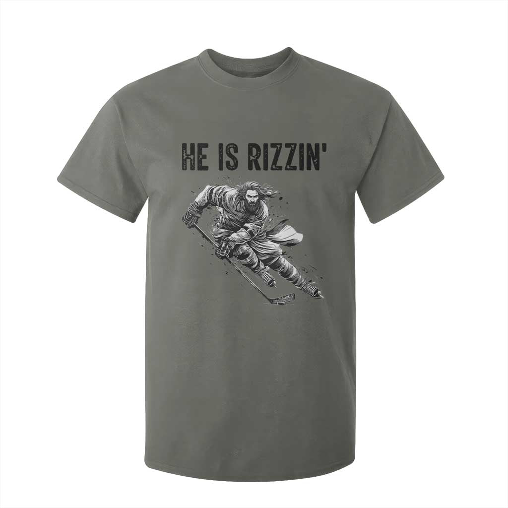 Funny Christian Ice Hockey Lover Gift T Shirt For Kid He Is Rizzin TS12 Military Green Print Your Wear