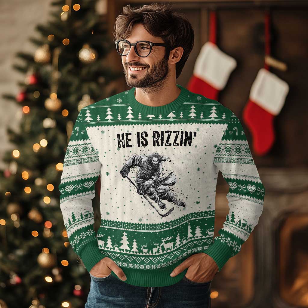 Funny Christian Ice Hockey Lover Gift Ugly Christmas Sweater He Is Rizzin TS12 Beige Green Print Your Wear