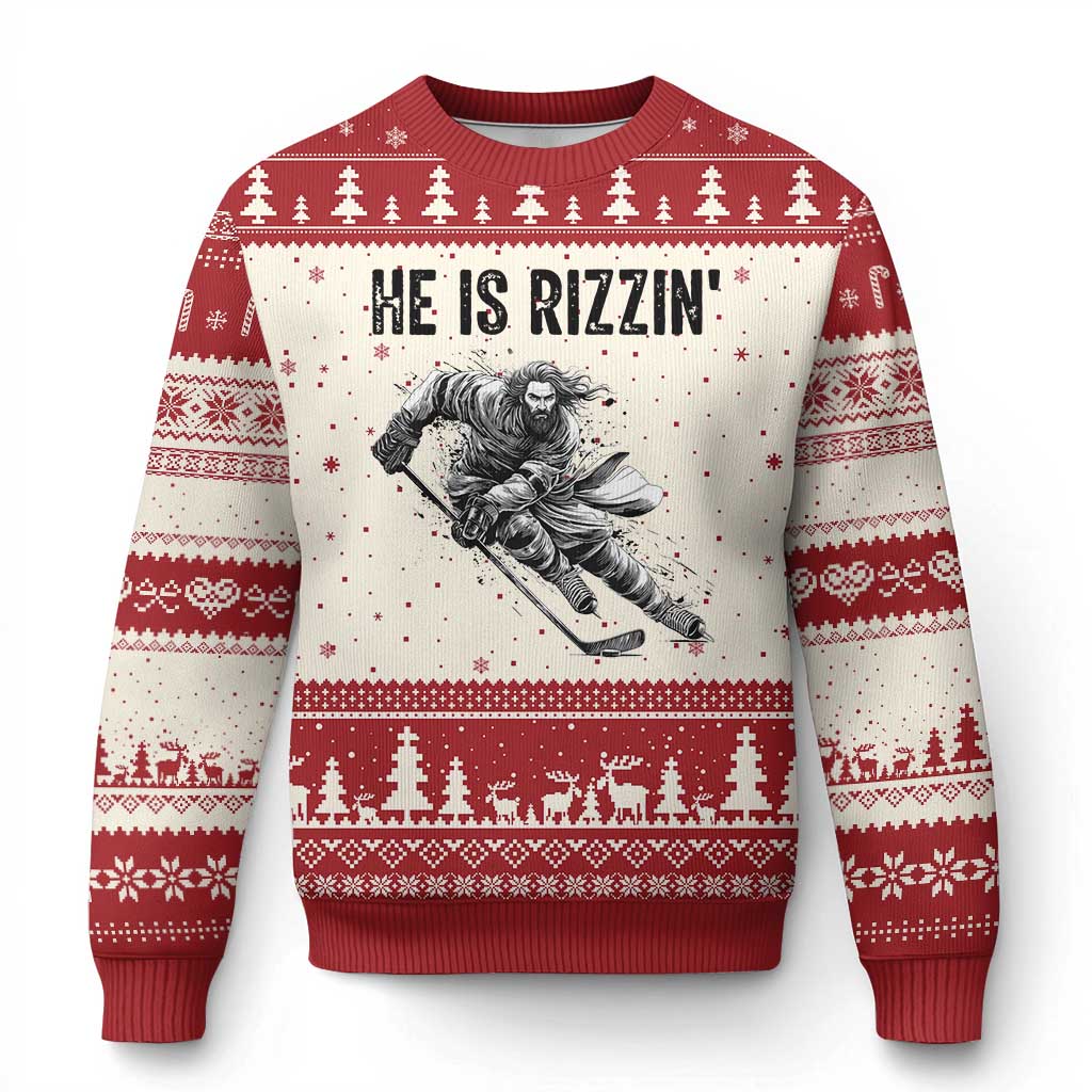 Funny Christian Ice Hockey Lover Gift Ugly Christmas Sweater He Is Rizzin TS12 Beige Red Print Your Wear