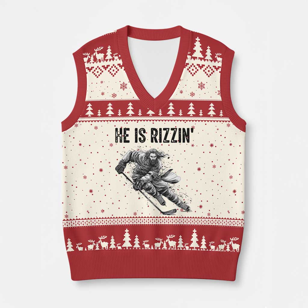 Funny Christian Ice Hockey Lover Gift V-Neck Knit Sweater Vest He Is Rizzin TS12 Beige Red Print Your Wear