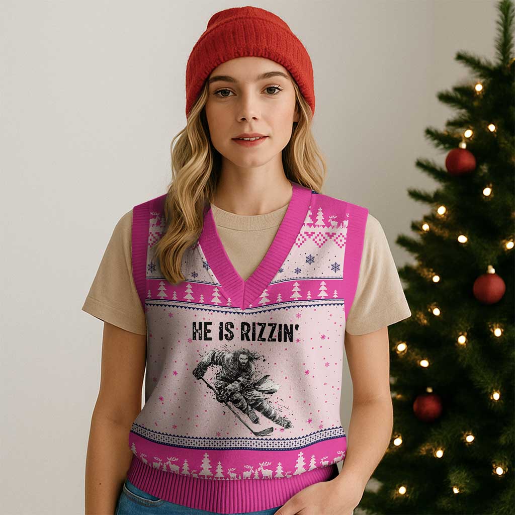 Funny Christian Ice Hockey Lover Gift V-Neck Knit Sweater Vest He Is Rizzin TS12 Hot Pink Print Your Wear