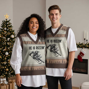 Funny Christian Ice Hockey Lover Gift V-Neck Knit Sweater Vest He Is Rizzin TS12 Mocha Mousse Print Your Wear