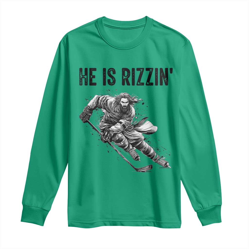 Funny Christian Ice Hockey Lover Gift Long Sleeve Shirt He Is Rizzin TS12 Irish Green Print Your Wear