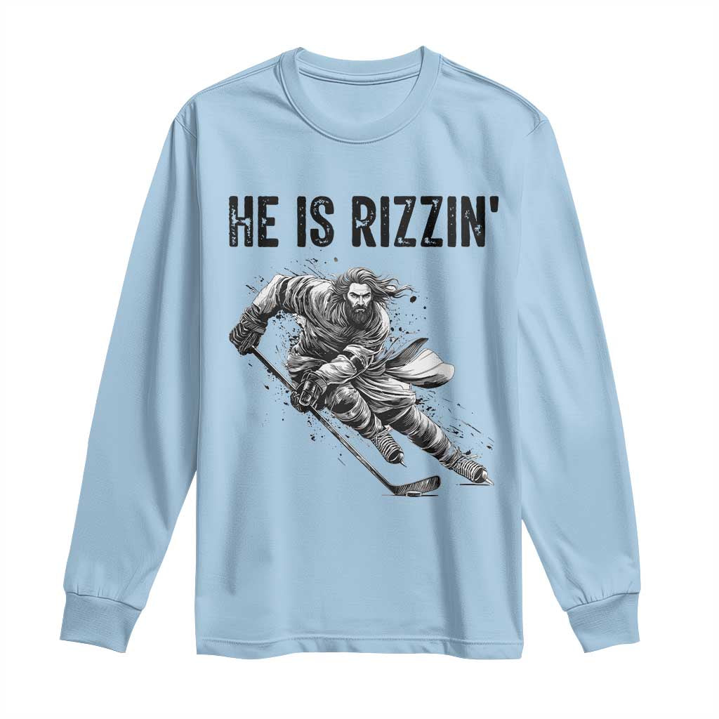 Funny Christian Ice Hockey Lover Gift Long Sleeve Shirt He Is Rizzin TS12 Light Blue Print Your Wear