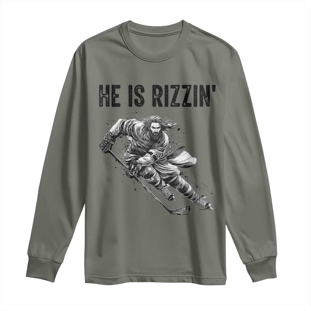 Funny Christian Ice Hockey Lover Gift Long Sleeve Shirt He Is Rizzin TS12 Military Green Print Your Wear