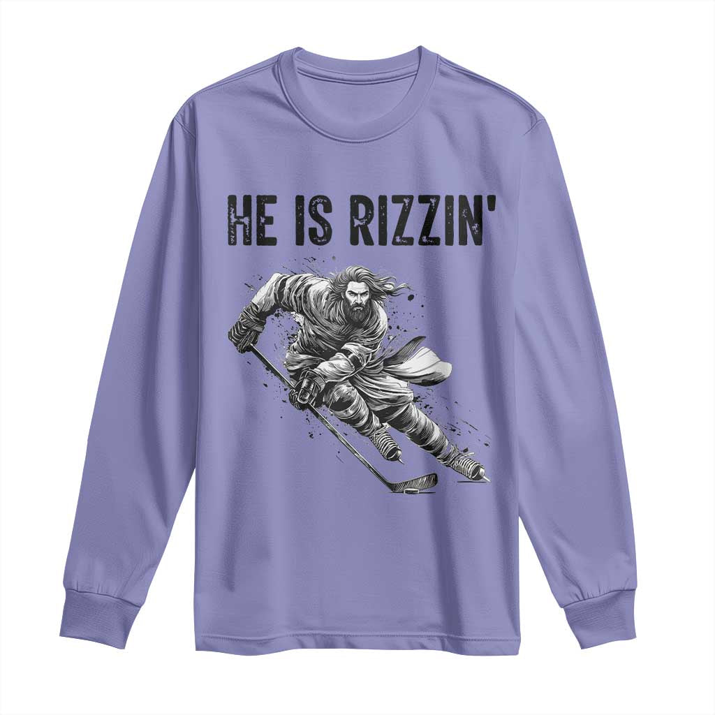 Funny Christian Ice Hockey Lover Gift Long Sleeve Shirt He Is Rizzin TS12 Violet Print Your Wear