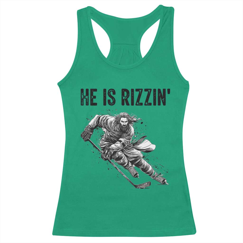 Funny Christian Ice Hockey Lover Gift Racerback Tank Top He Is Rizzin TS12 Irish Green Print Your Wear
