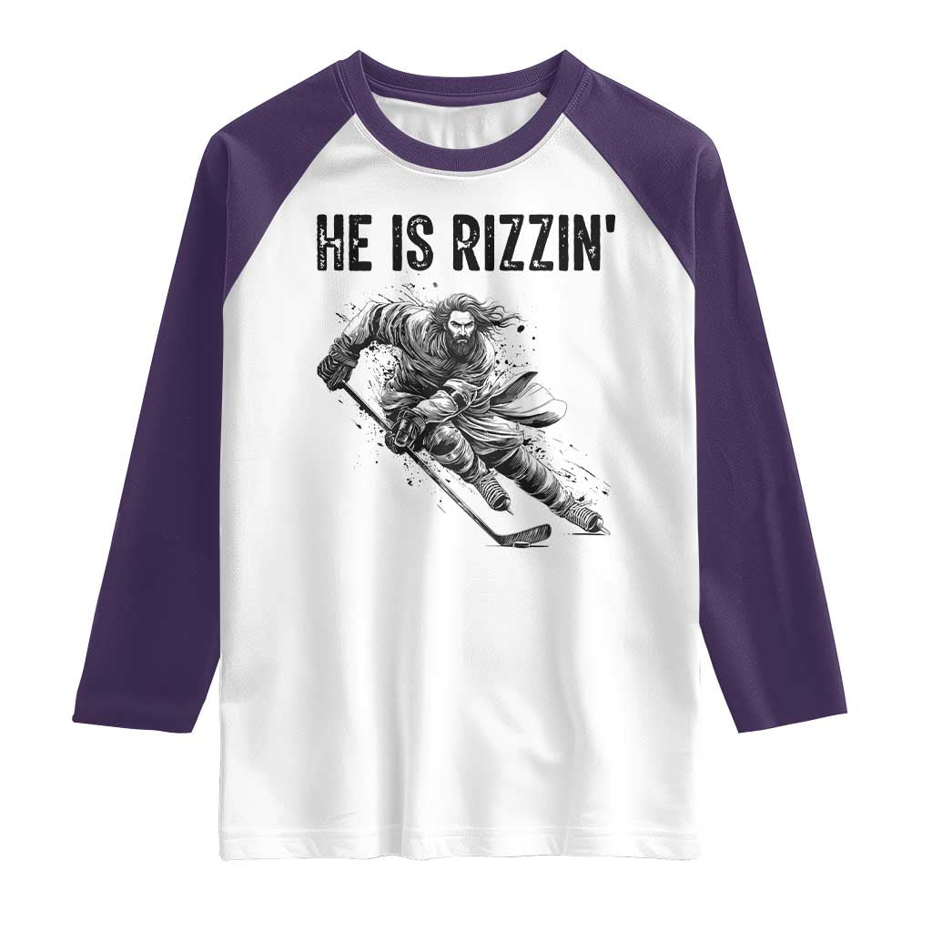 Funny Christian Ice Hockey Lover Gift Raglan Shirt He Is Rizzin TS12 White Purple Print Your Wear