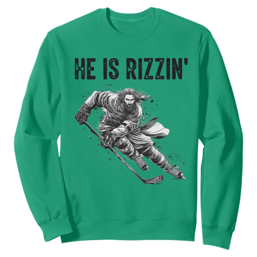 Funny Christian Ice Hockey Lover Gift Sweatshirt He Is Rizzin TS12 Irish Green Print Your Wear