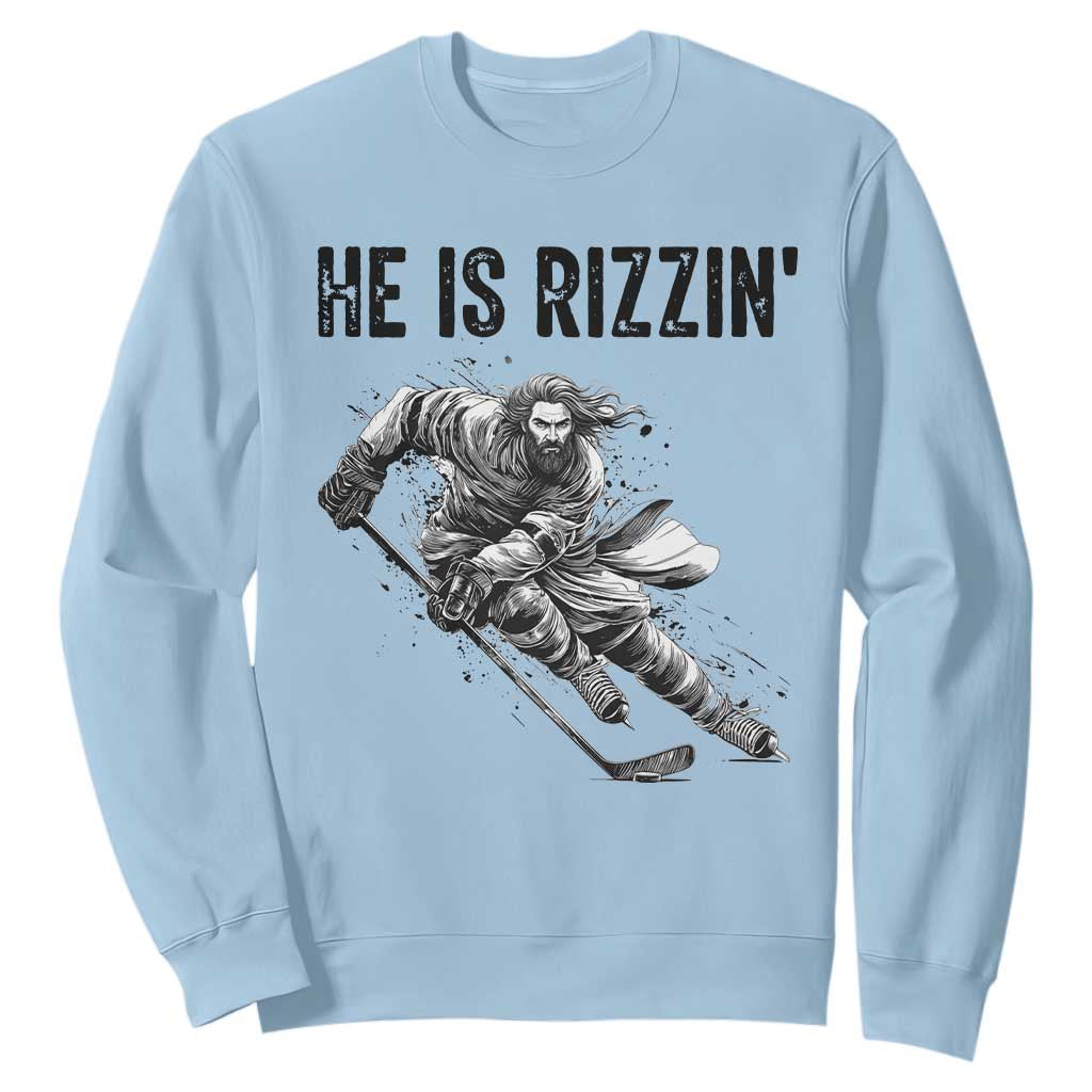 Funny Christian Ice Hockey Lover Gift Sweatshirt He Is Rizzin TS12 Light Blue Print Your Wear