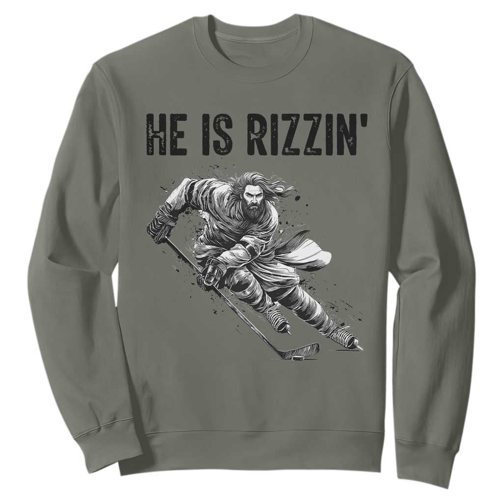 Funny Christian Ice Hockey Lover Gift Sweatshirt He Is Rizzin TS12 Military Green Print Your Wear