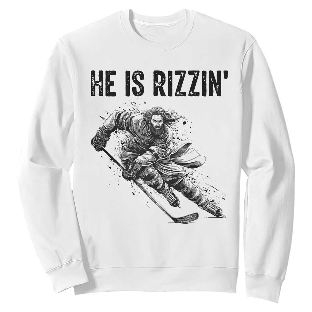 Funny Christian Ice Hockey Lover Gift Sweatshirt He Is Rizzin TS12 White Print Your Wear
