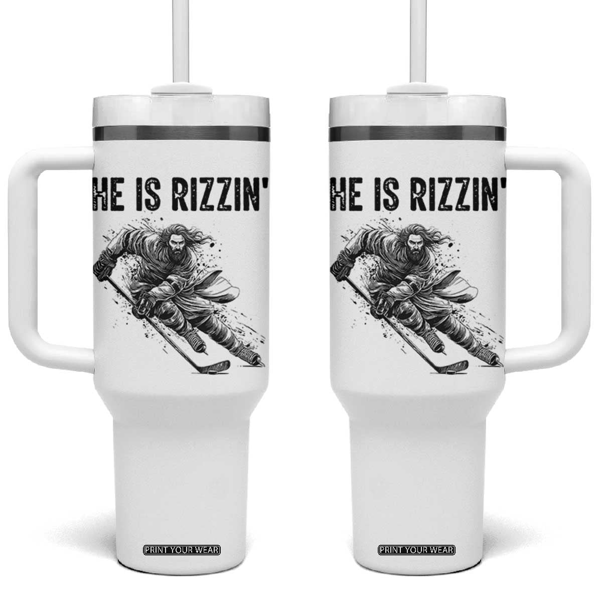Funny Christian Ice Hockey Lover Gift Tumbler With Handle He Is Rizzin TS12 One Size: 40 oz White Print Your Wear