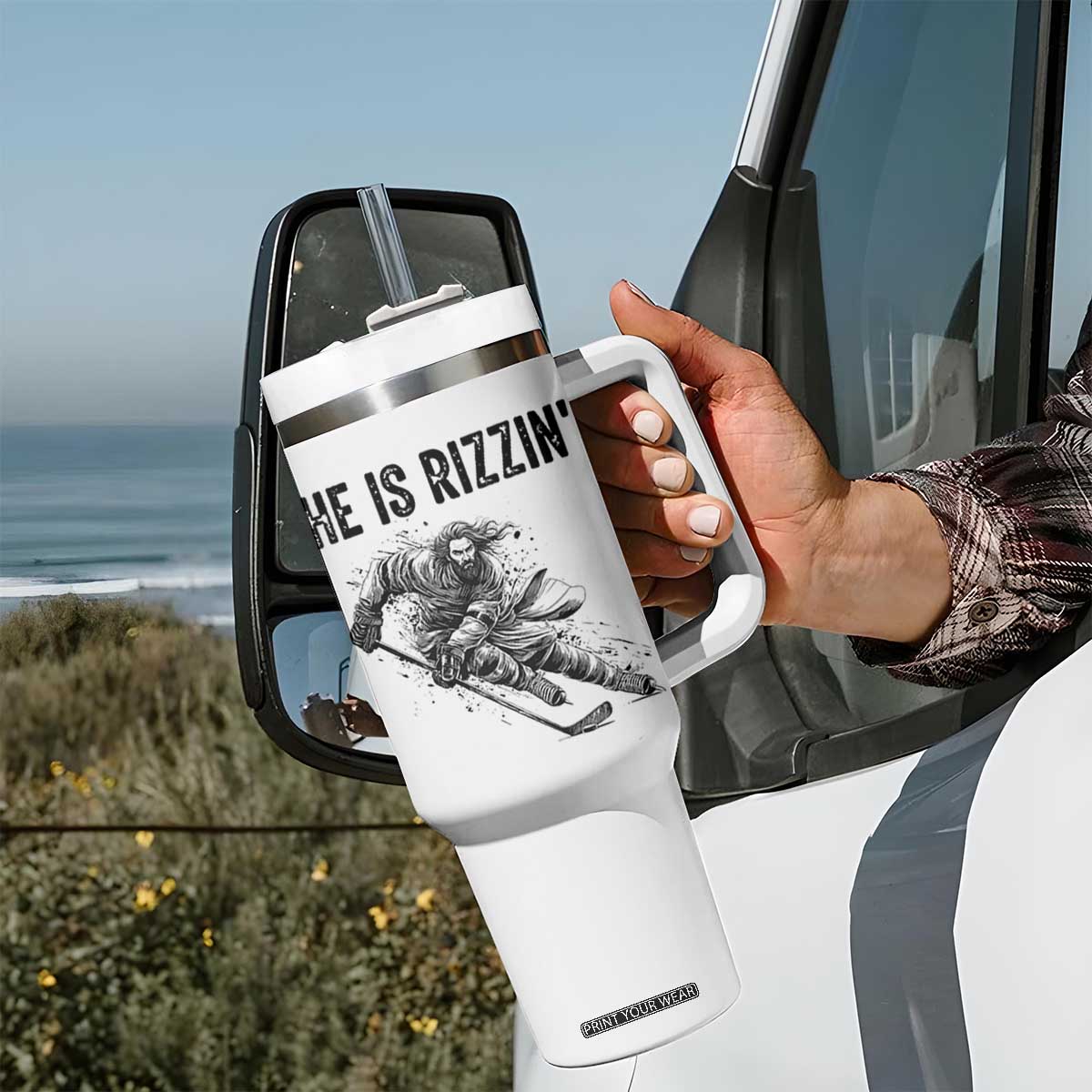 Funny Christian Ice Hockey Lover Gift Tumbler With Handle He Is Rizzin TS12 Print Your Wear