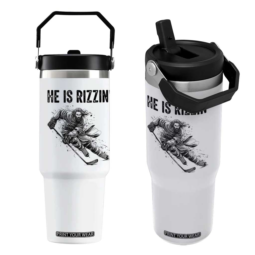 Funny Christian Ice Hockey Lover Gift Flip Straw Tumbler He Is Rizzin TS12 One Size: 30 oz White Print Your Wear