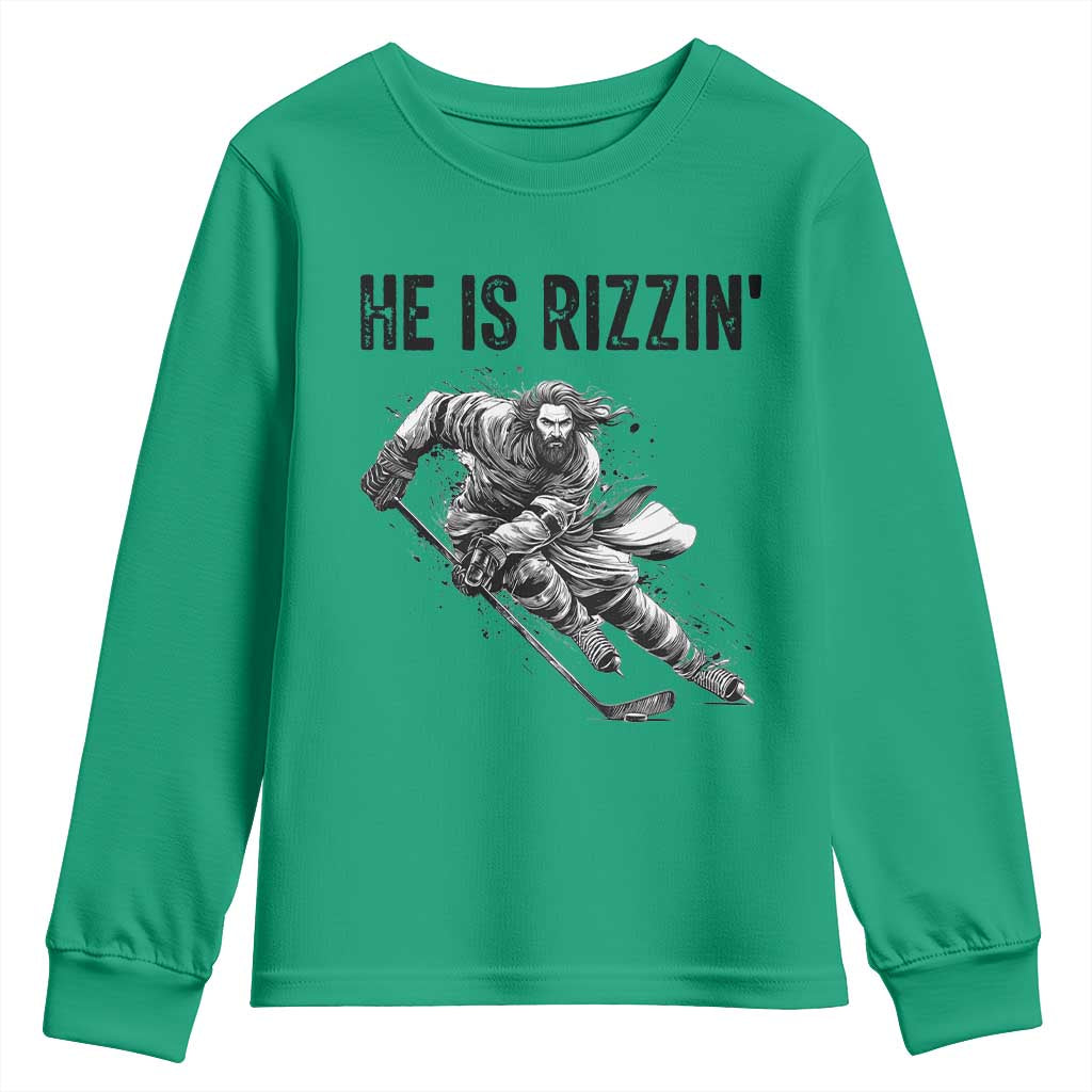 Funny Christian Ice Hockey Lover Gift Youth Sweatshirt He Is Rizzin TS12 Irish Green Print Your Wear