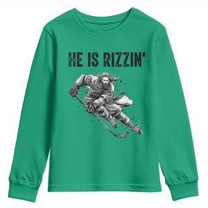 Funny Christian Ice Hockey Lover Gift Youth Sweatshirt He Is Rizzin TS12 Irish Green Print Your Wear