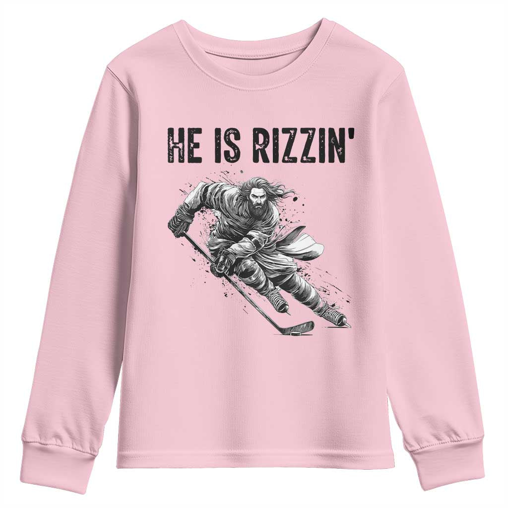 Funny Christian Ice Hockey Lover Gift Youth Sweatshirt He Is Rizzin TS12 Light Pink Print Your Wear