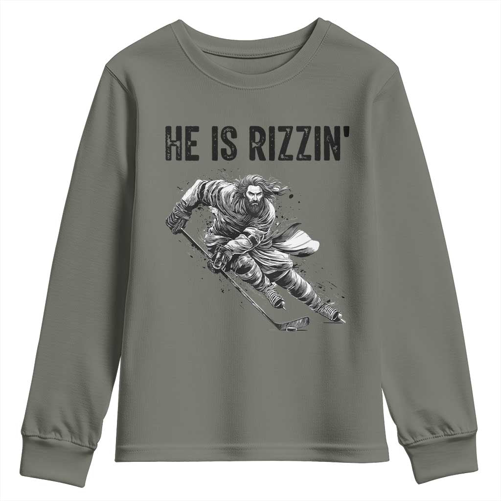 Funny Christian Ice Hockey Lover Gift Youth Sweatshirt He Is Rizzin TS12 Military Green Print Your Wear