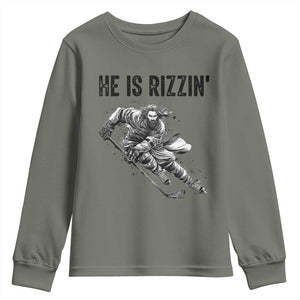 Funny Christian Ice Hockey Lover Gift Youth Sweatshirt He Is Rizzin TS12 Military Green Print Your Wear