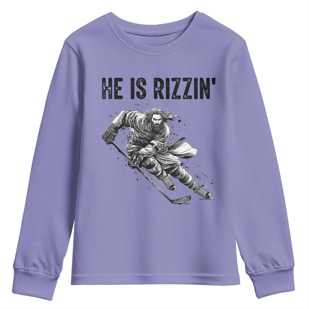 Funny Christian Ice Hockey Lover Gift Youth Sweatshirt He Is Rizzin TS12 Violet Print Your Wear