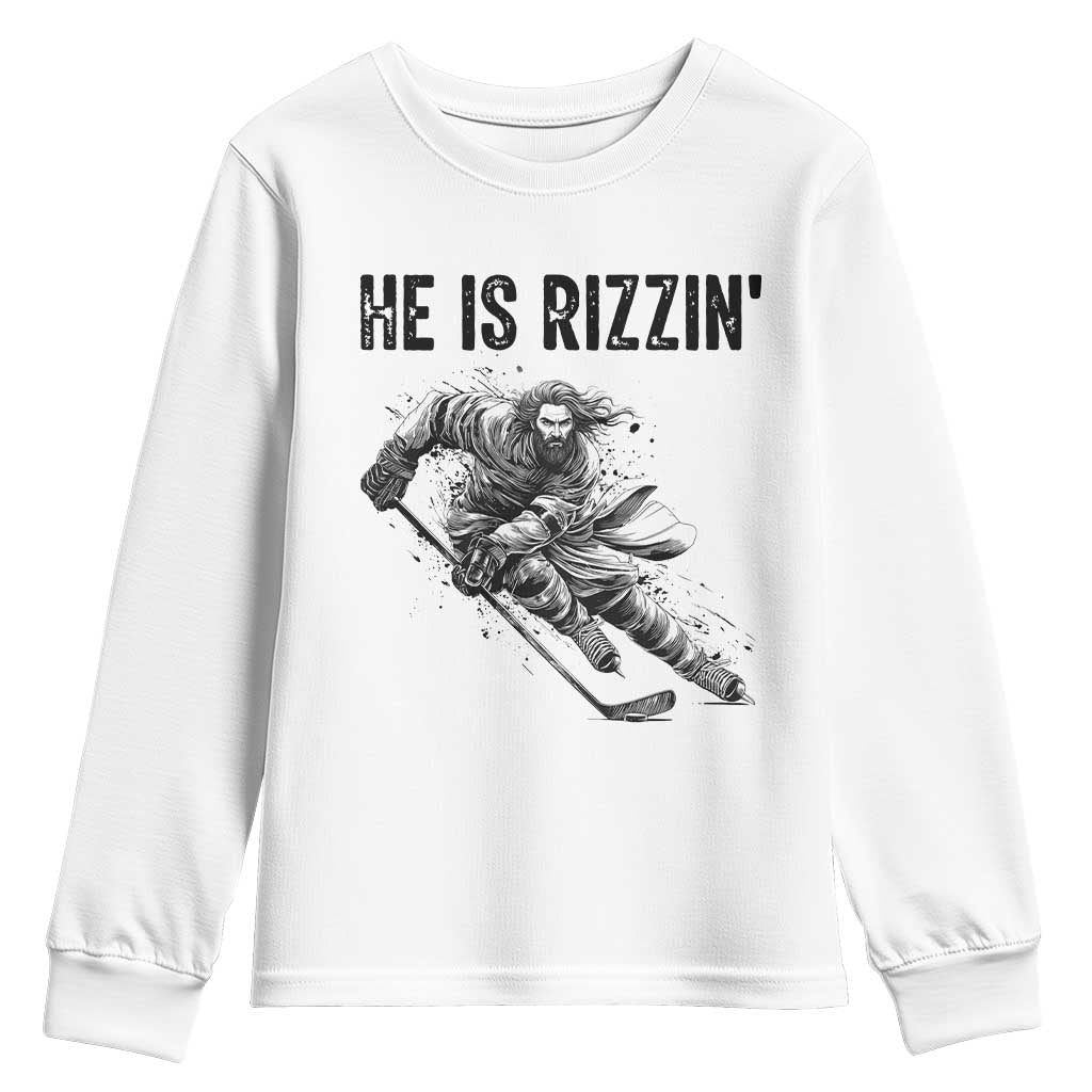 Funny Christian Ice Hockey Lover Gift Youth Sweatshirt He Is Rizzin TS12 White Print Your Wear
