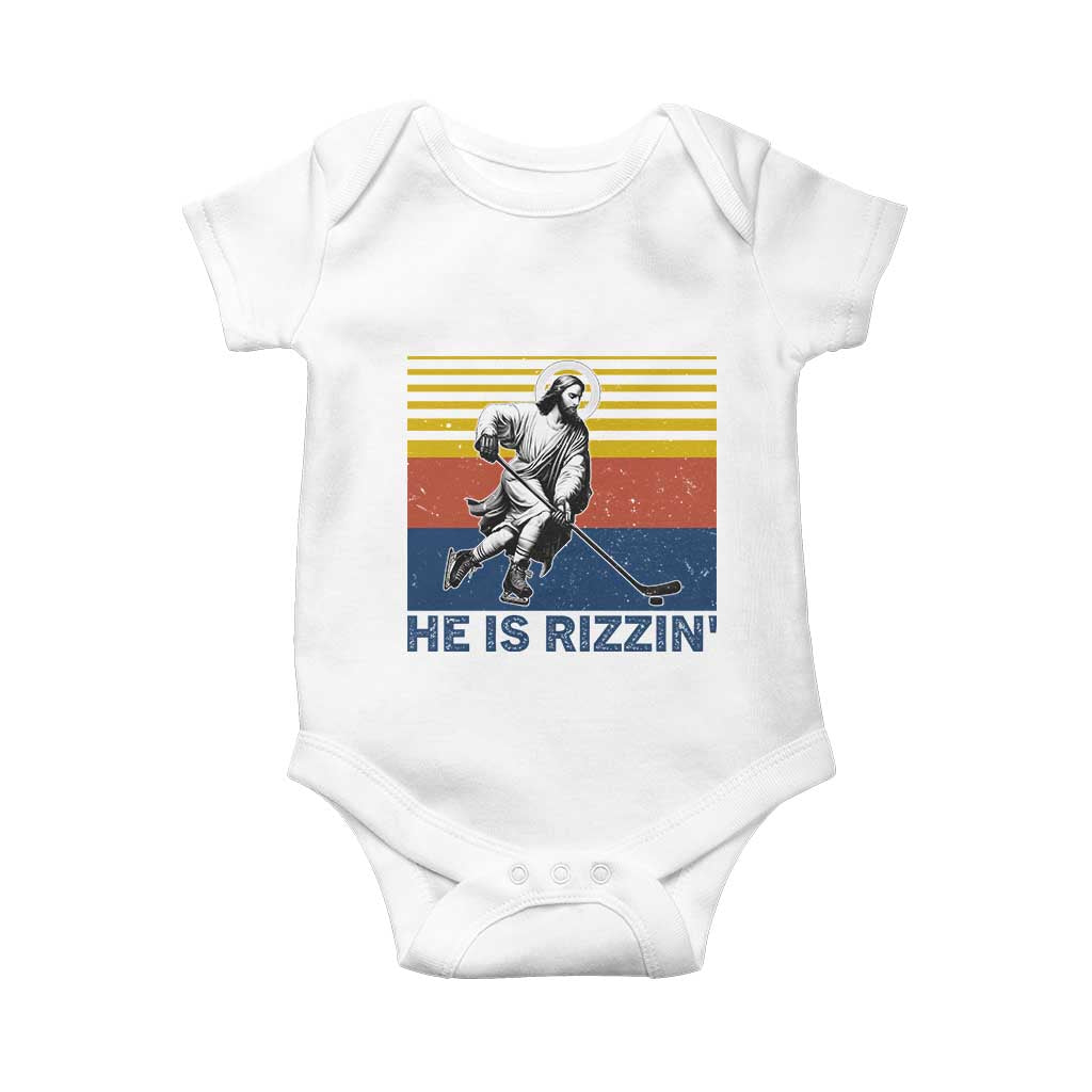 He Is Rizzin Baby Onesie Christian Hockey Retro Funny Gift For Believers TS12 White Print Your Wear