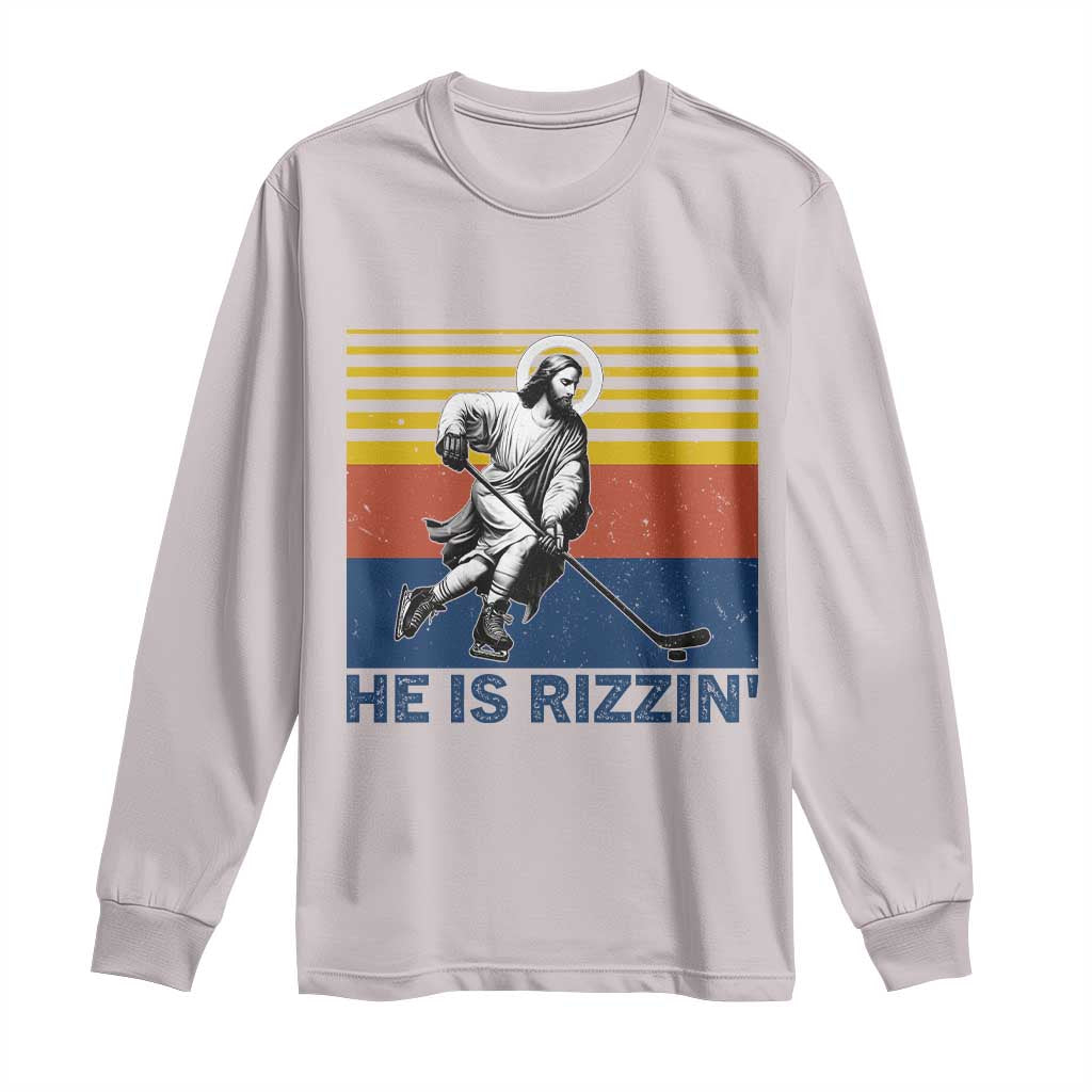 He Is Rizzin Long Sleeve Shirt Christian Hockey Retro Funny Gift For Believers TS12 Ice Gray Print Your Wear