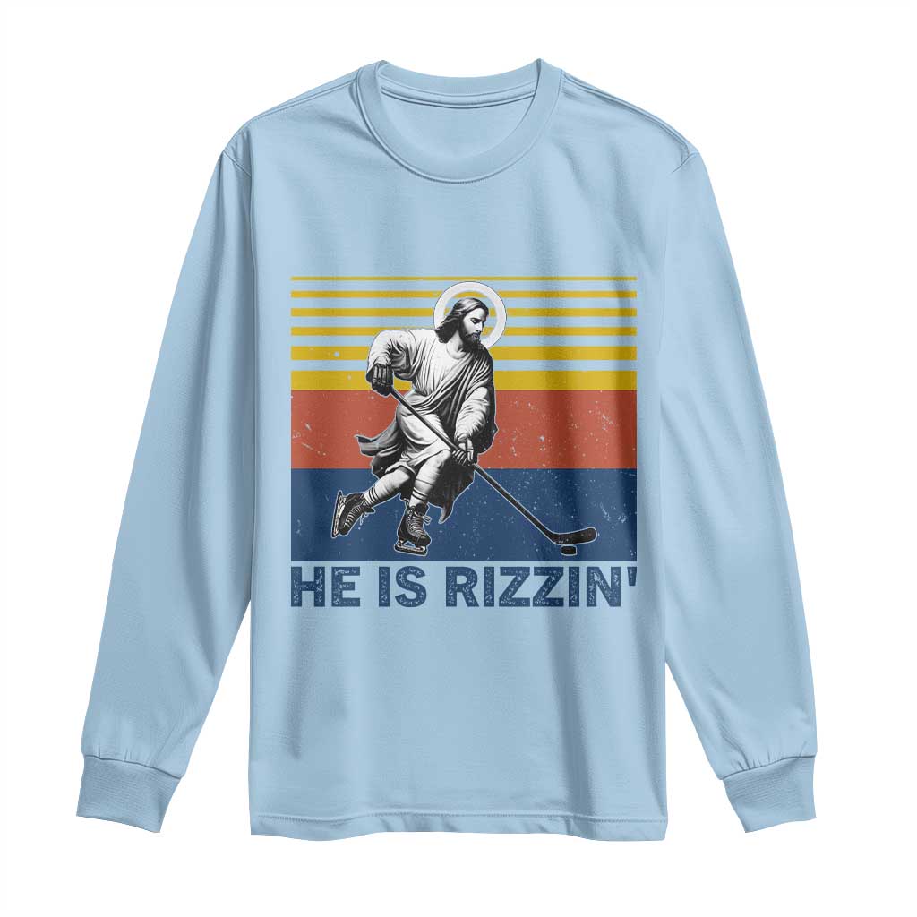 He Is Rizzin Long Sleeve Shirt Christian Hockey Retro Funny Gift For Believers TS12 Light Blue Print Your Wear