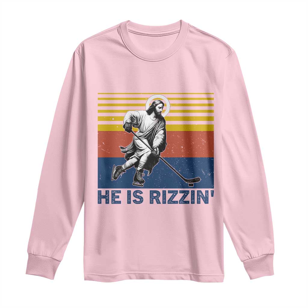 He Is Rizzin Long Sleeve Shirt Christian Hockey Retro Funny Gift For Believers TS12 Light Pink Print Your Wear