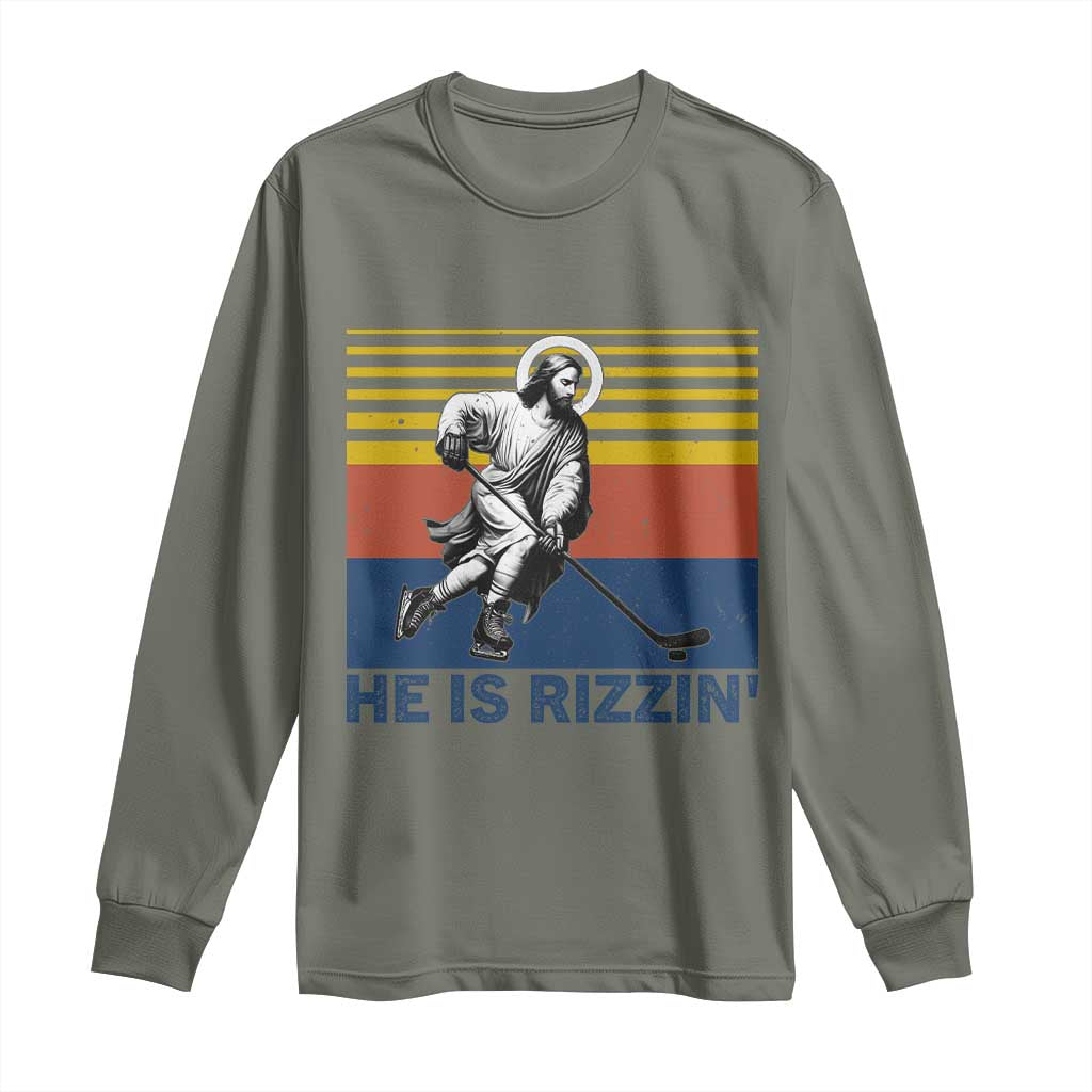 He Is Rizzin Long Sleeve Shirt Christian Hockey Retro Funny Gift For Believers TS12 Military Green Print Your Wear