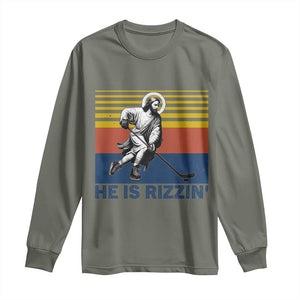 He Is Rizzin Long Sleeve Shirt Christian Hockey Retro Funny Gift For Believers TS12 Military Green Print Your Wear