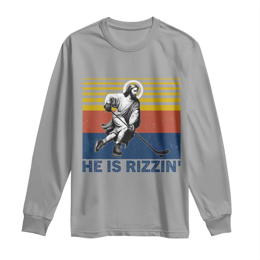 He Is Rizzin Long Sleeve Shirt Christian Hockey Retro Funny Gift For Believers TS12 Sport Gray Print Your Wear
