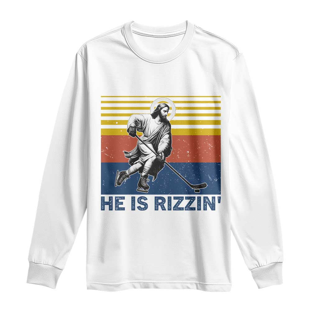 He Is Rizzin Long Sleeve Shirt Christian Hockey Retro Funny Gift For Believers TS12 White Print Your Wear